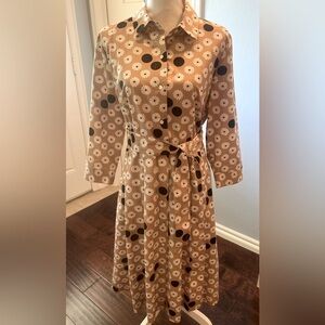 Talbots Floral Jackie Dress Size 8 Tan White Casual 100% Cotton Retro 90s Y2K